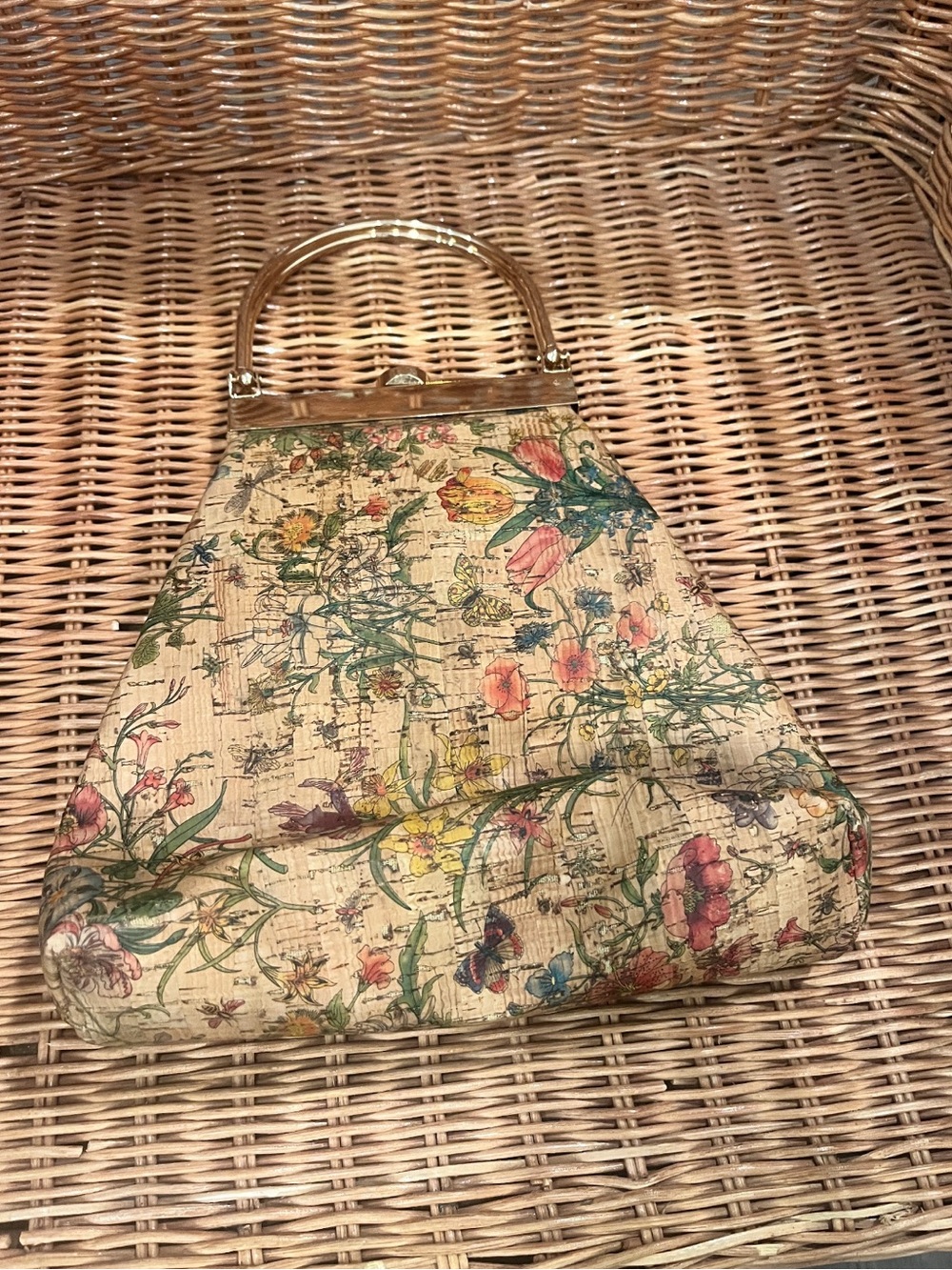 Floral Print Structured Handbag with Gold Handle - Cream Multi